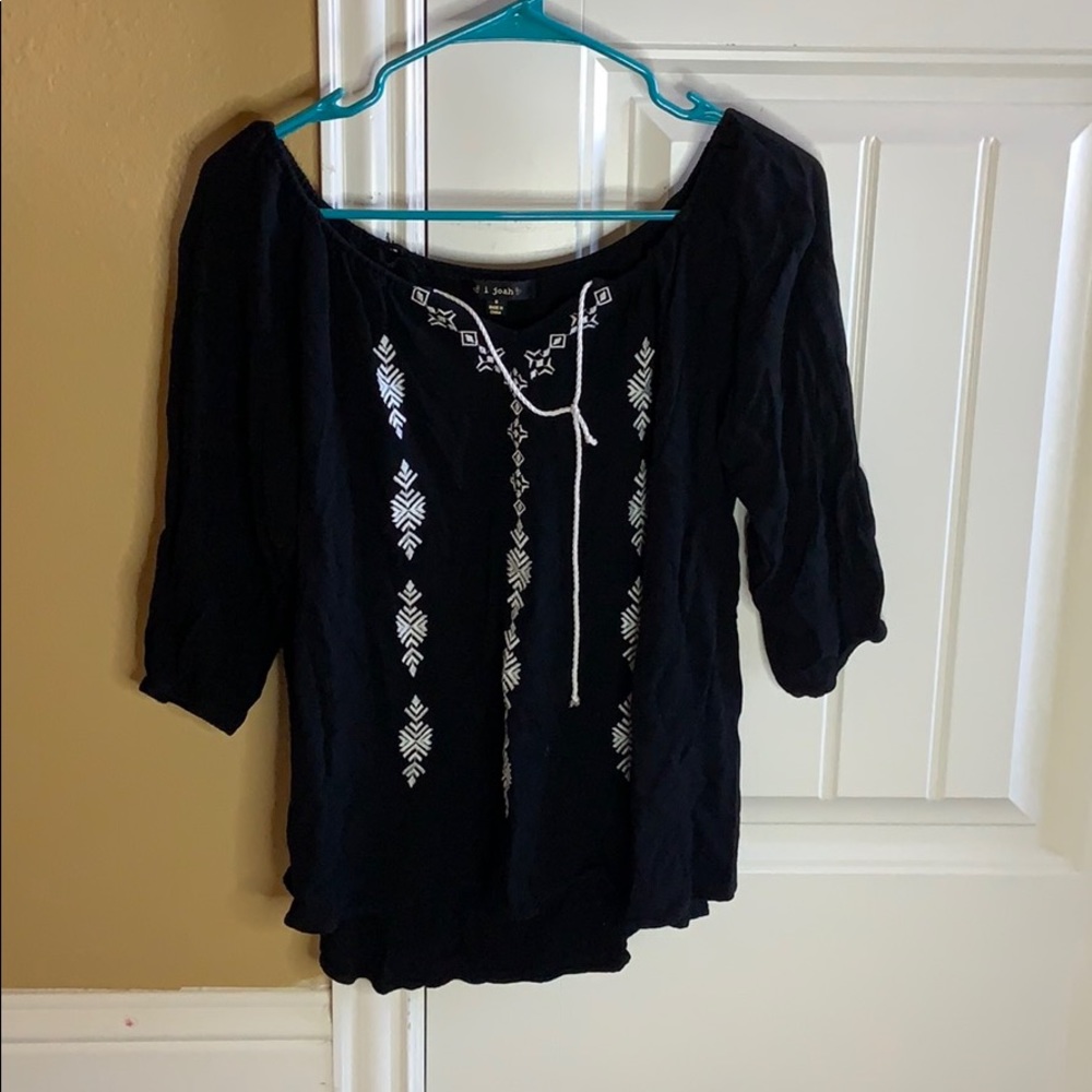 black boho top with white embroidery